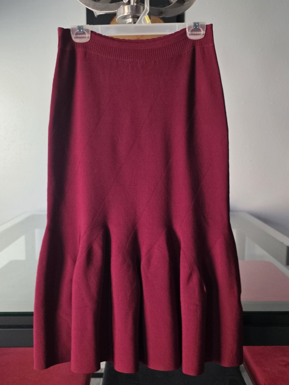bebe Burgundy Knit Sweater Flare Ruffle Midi Skirt Medium NWT